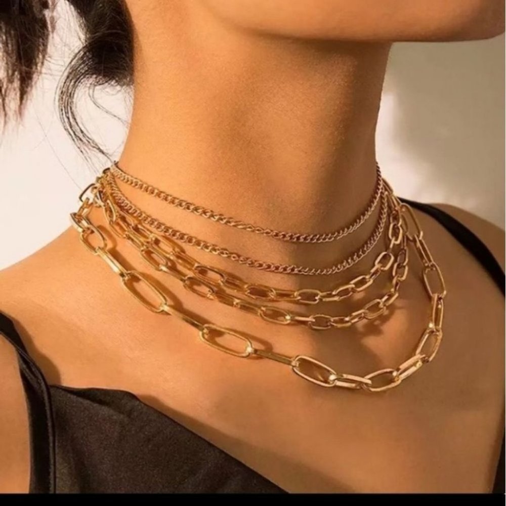 *Multi Layered Gold Chain Punk Choker Necklace